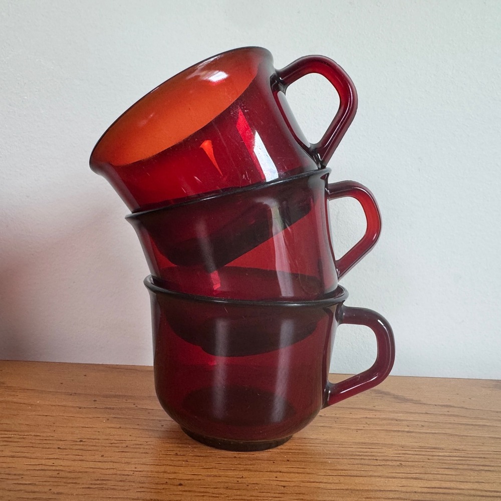 Arcoroc France Ruby Red Glass Mugs Set of 3 Vintage‎ Coffee Tea Cups